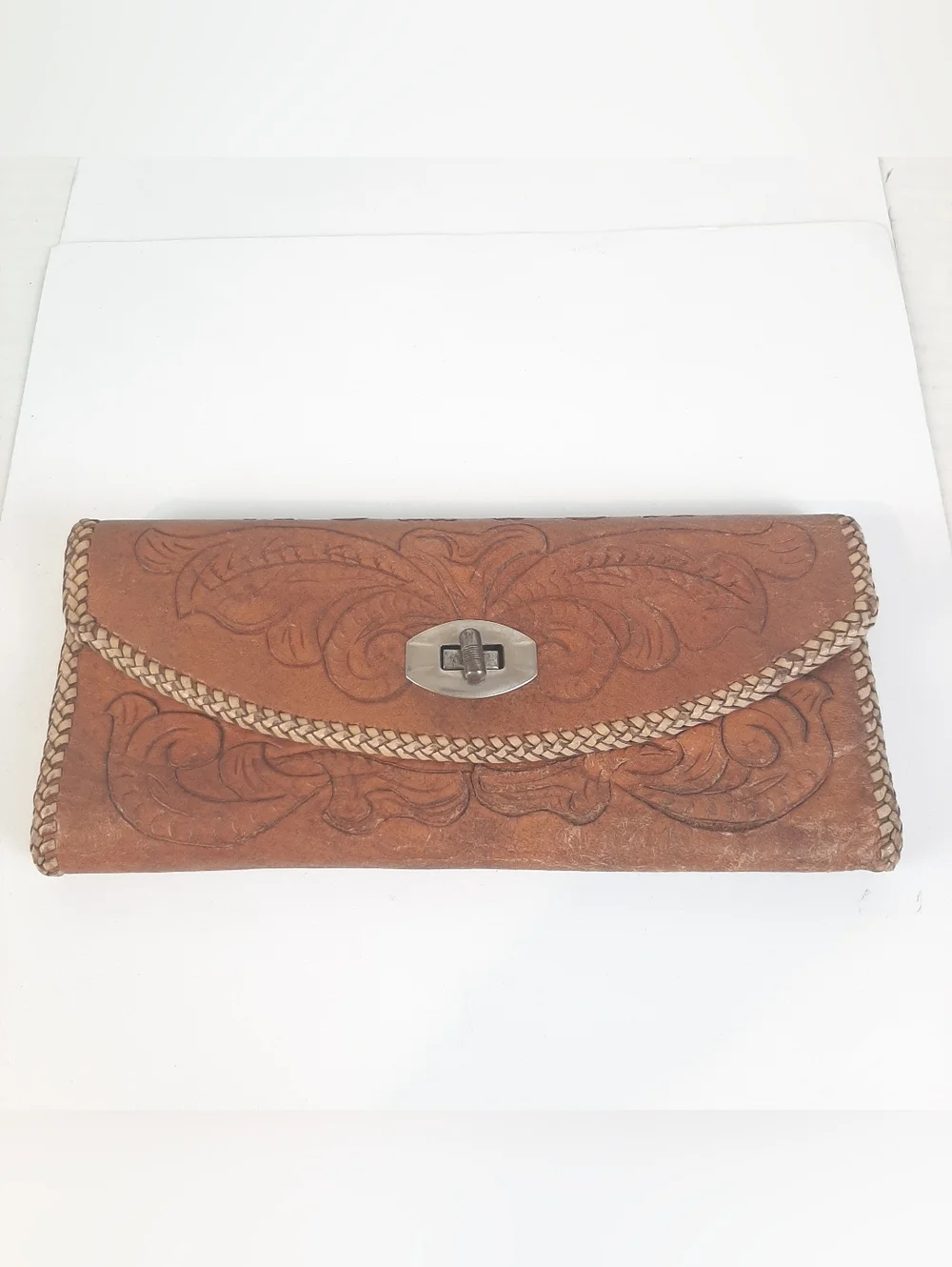 🛍Vintage Hand Tooled Leather Whipstitch Western Tri Fold Floral Wallet TurnLock